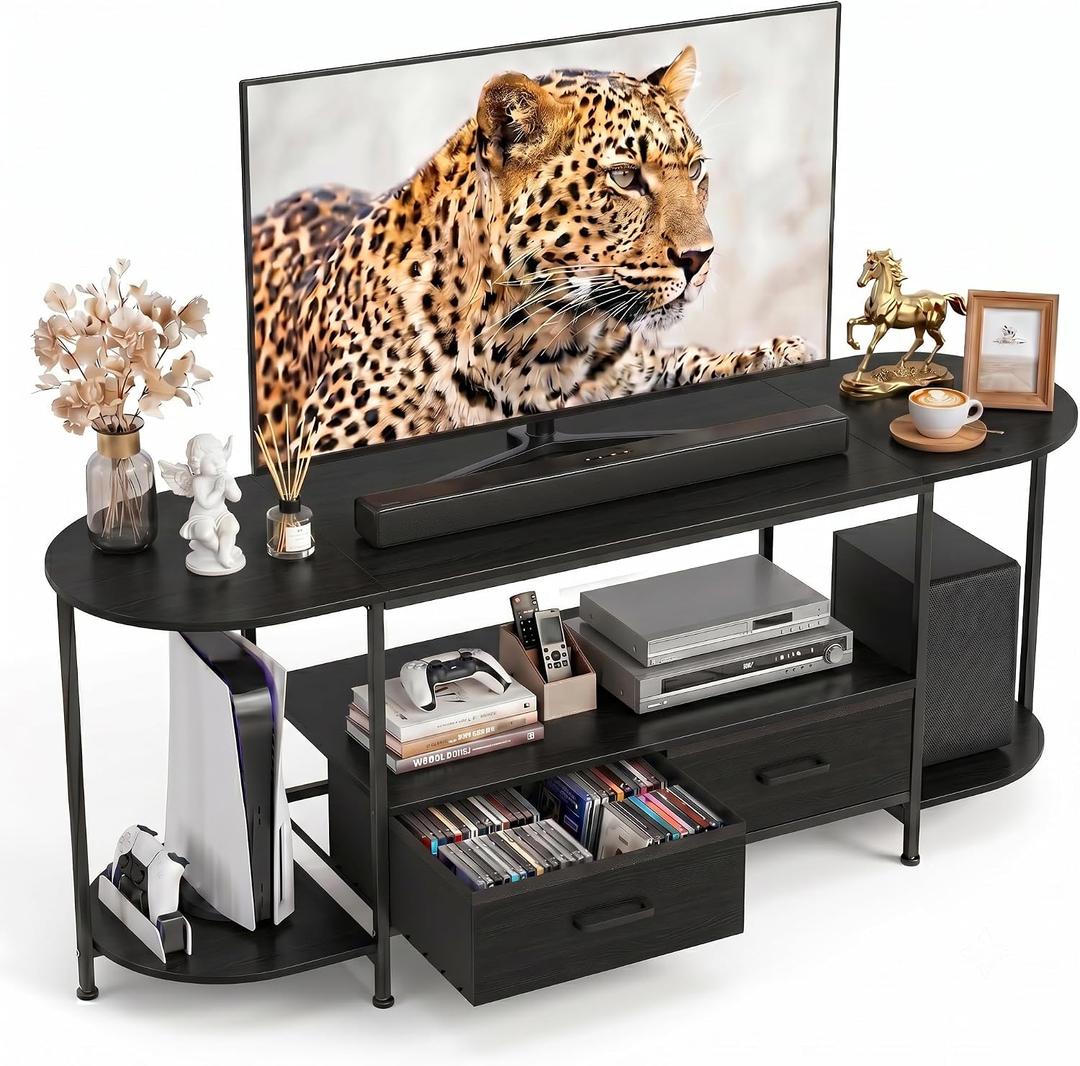 Faesun 55" TV Stand for TVs up to 55 Inches, Curved Edge Media Console & Entertainment Center with 2 Fabric Drawers, Modern TV Console Table for Living Room or Bedroom, Black