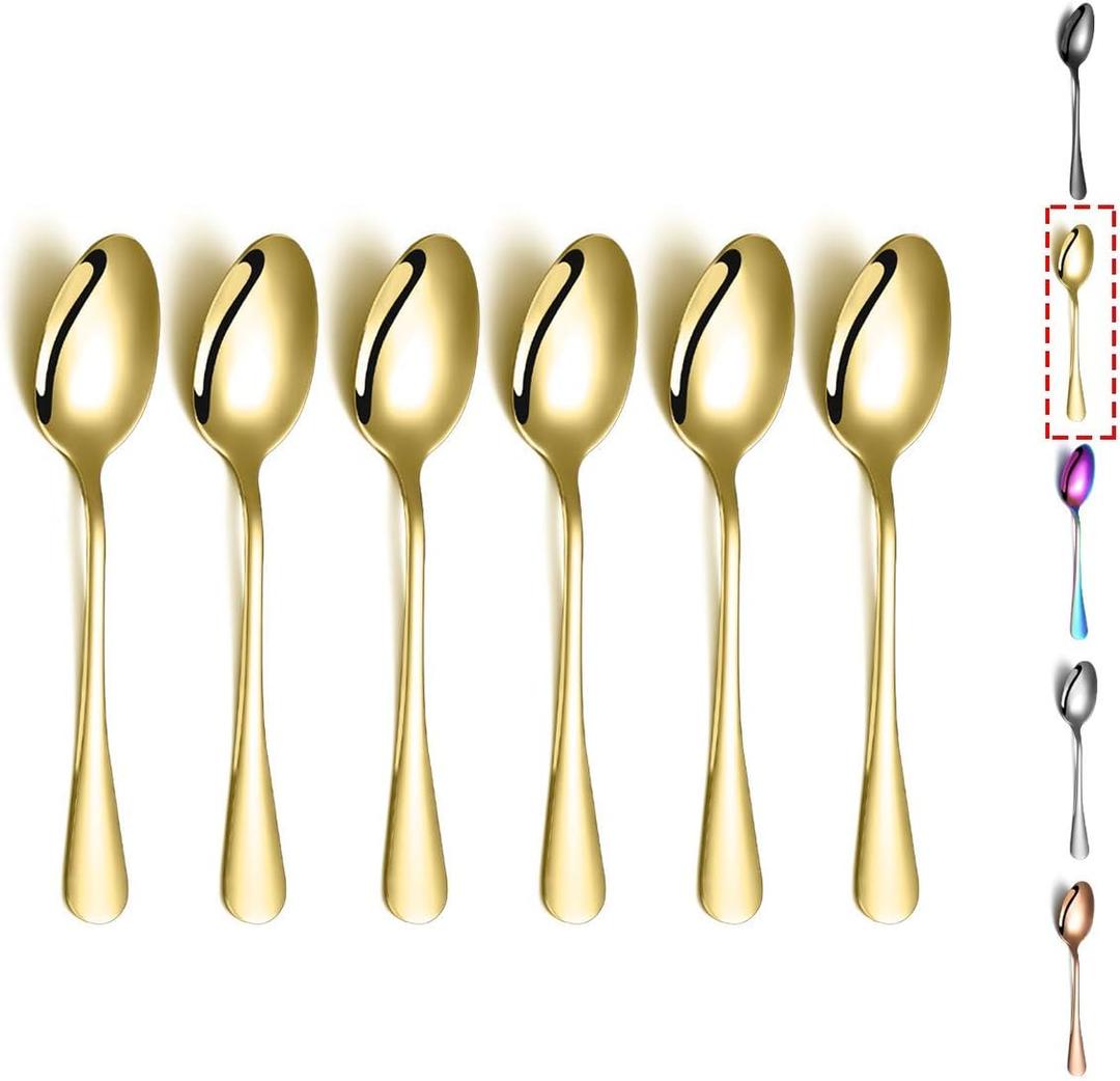 Gold Teaspoons, Kyraton 6 Pieces 6.7" Stainless Steel Tea Spoons With Gold Titanium Plating, Ice Cream Spoons, Dessert Spoon, Coffee Spoon,Golden Teaspoon,Spoon Silverware Pack of 6