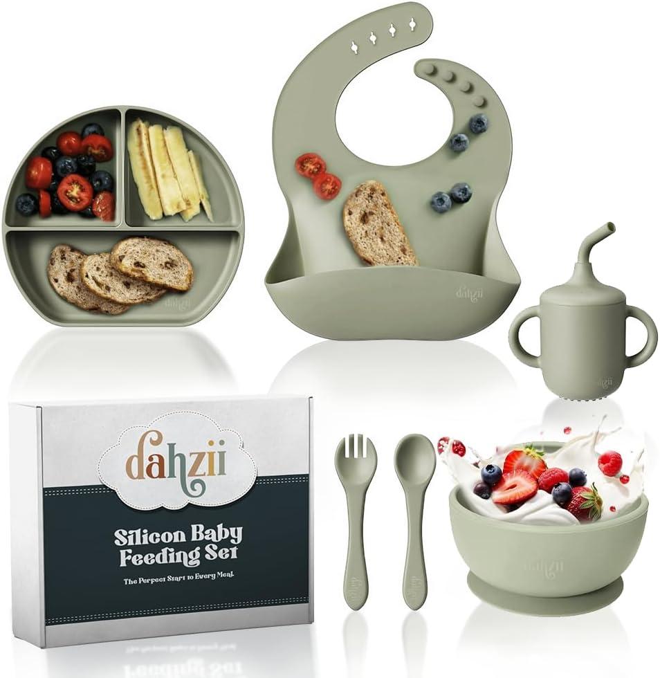 6-Piece Silicone Baby Feeding Set Non-Slip Suction Plate, Bowl, Spoon, Fork, Cup, Bib. BPA-Free, Dishwasher & Microwave Safe for Babies & Toddlers