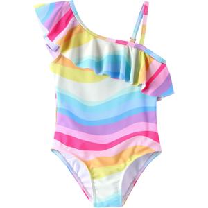 PATPAT Toddler Girl Swimsuit Cute Pattern Print One Piece Ruffle Shoulder Single Spaghetti Strap Bathing Suit (4-5T, Pink)