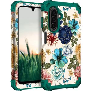 Hocase for Galaxy A17 5G Case, Heavy Duty Shockproof Protection Soft Silicone Rubber Bumper+Hard Plastic Hybrid Protective Case for Samsung Galaxy A17 5G (6.7") 2025 - Teal Flowers