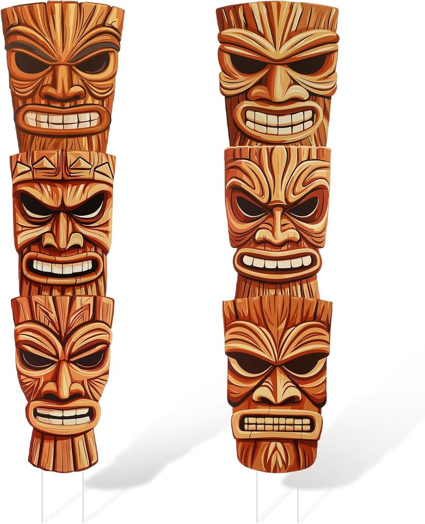 Soulchen Soulchen 2 Pcs Large Tiki Yard Signs 38 x 9.8 Inch Luau Hawaiian Yard Signs with Stakes Tropical Themed Summer Party Decorations Tiki Mask for Indoor Outdoor Lawn, Garden, Party