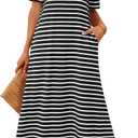 MEROKEETY Summer Casual Maxi Dresses for Women 2026 Vacation Crew Neck Short Sleeve Modest Long T Shirt Dress with Pockets, (XL, Blackwhite)