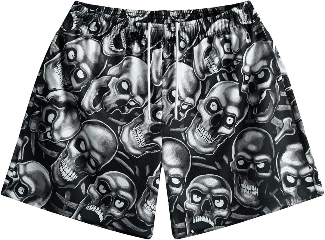 MECH-ENG Men's Graphic Print Mesh Athletic Shorts Basketball Streetwear Lightweight Drawstring Shorts with Pockets (S)