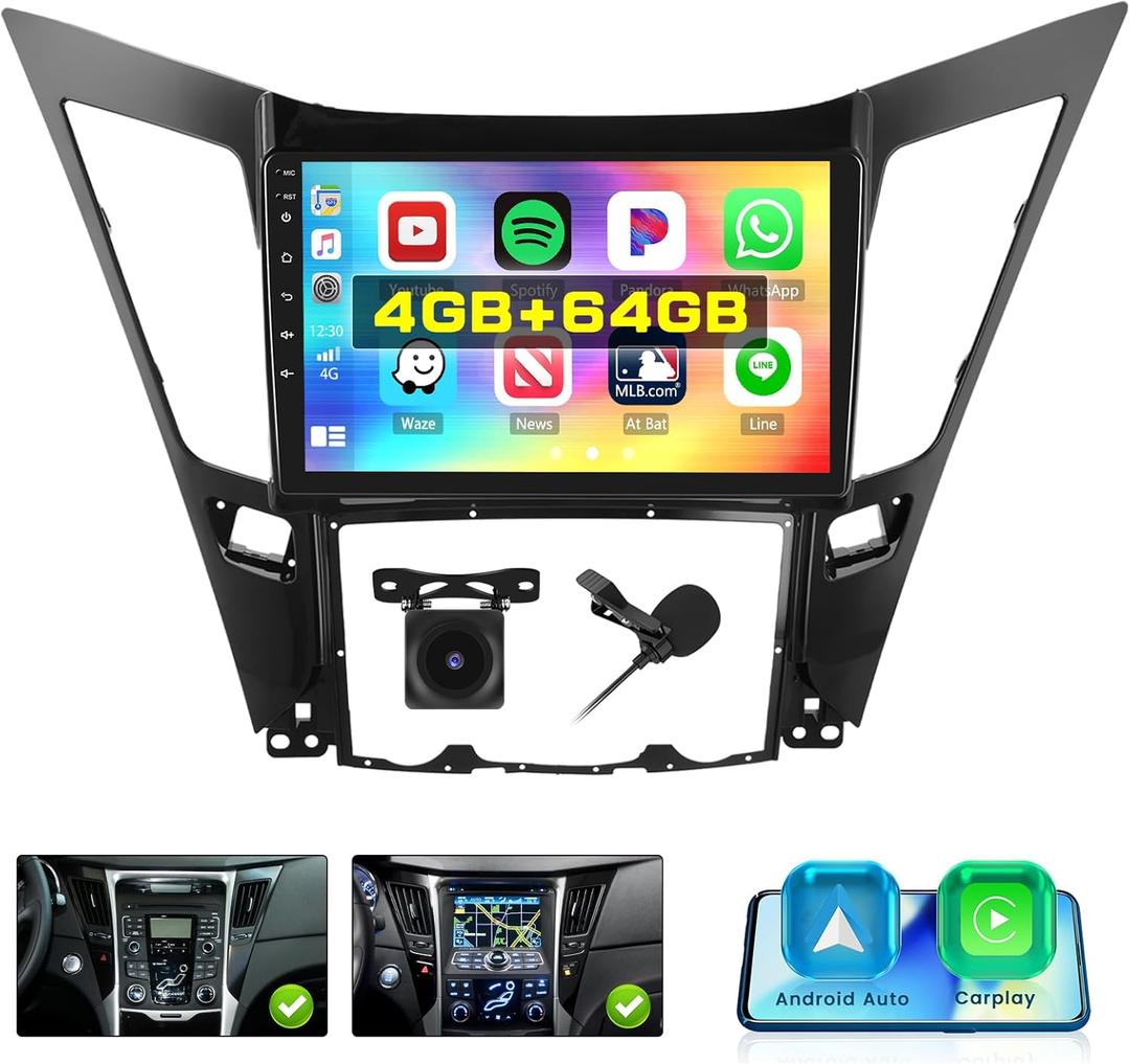 [2G+64G] Android 15 Car Stereo for Hyundai Sonata 2010-2015 with Wireless Carplay/Android Auto, 9 Inch HD Touch Screen Car Radio with GPS WiFi Bluetooth FM/RDS 32EQ SWC Backup Camera MIC