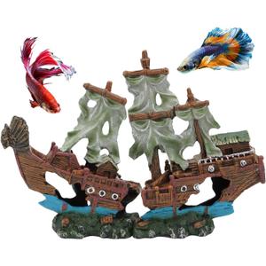 UNEAK - Shipwreck Aquarium Decorations Pirate Ship Ornament w/Sail (2 Pieces) 5 Gallons and Larger Fish Tank, Sunken Ship Decoration Ornaments, Decorative Resin Boat for Freshwater Saltwater Decor, 10" x 7.1"