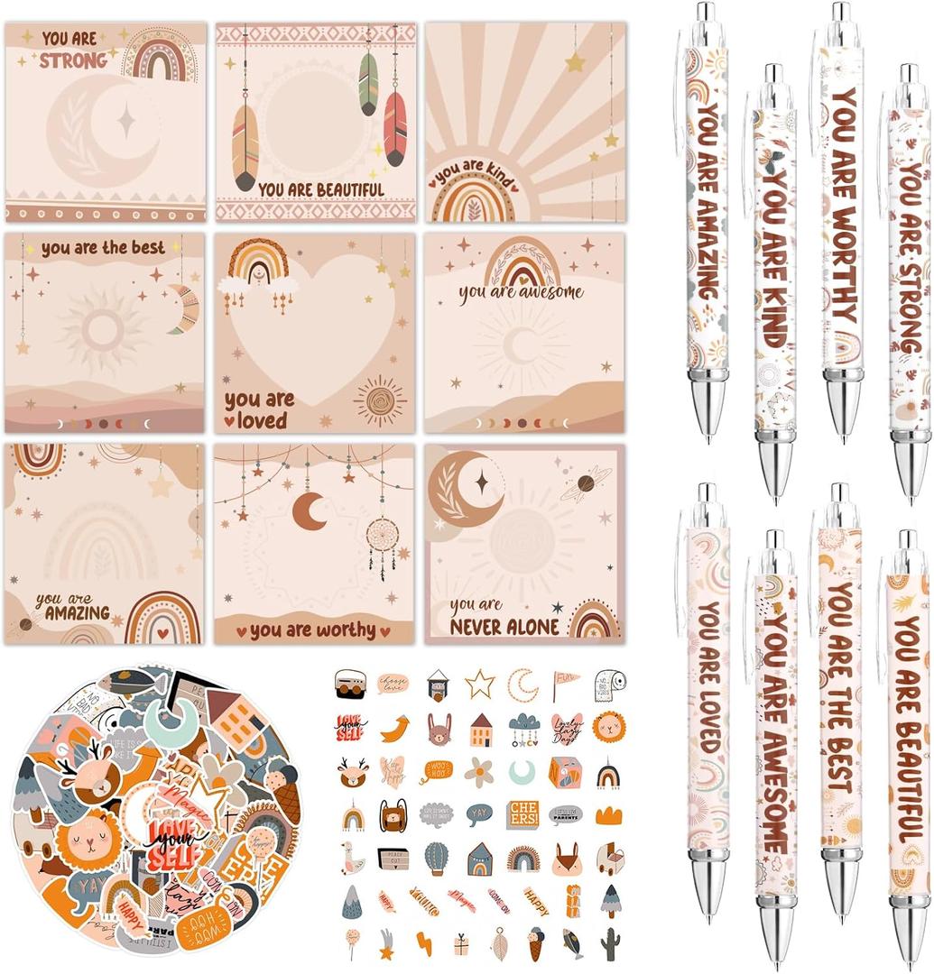 Boho Inspirational Theme Office Supplies Include 9 Pack Rainbow Sticky Notes 8 Pcs Motivational Retractable Ballpoint Pen 50 Pcs Cute Stickers First Day of School Employee Appreciation Gifts
