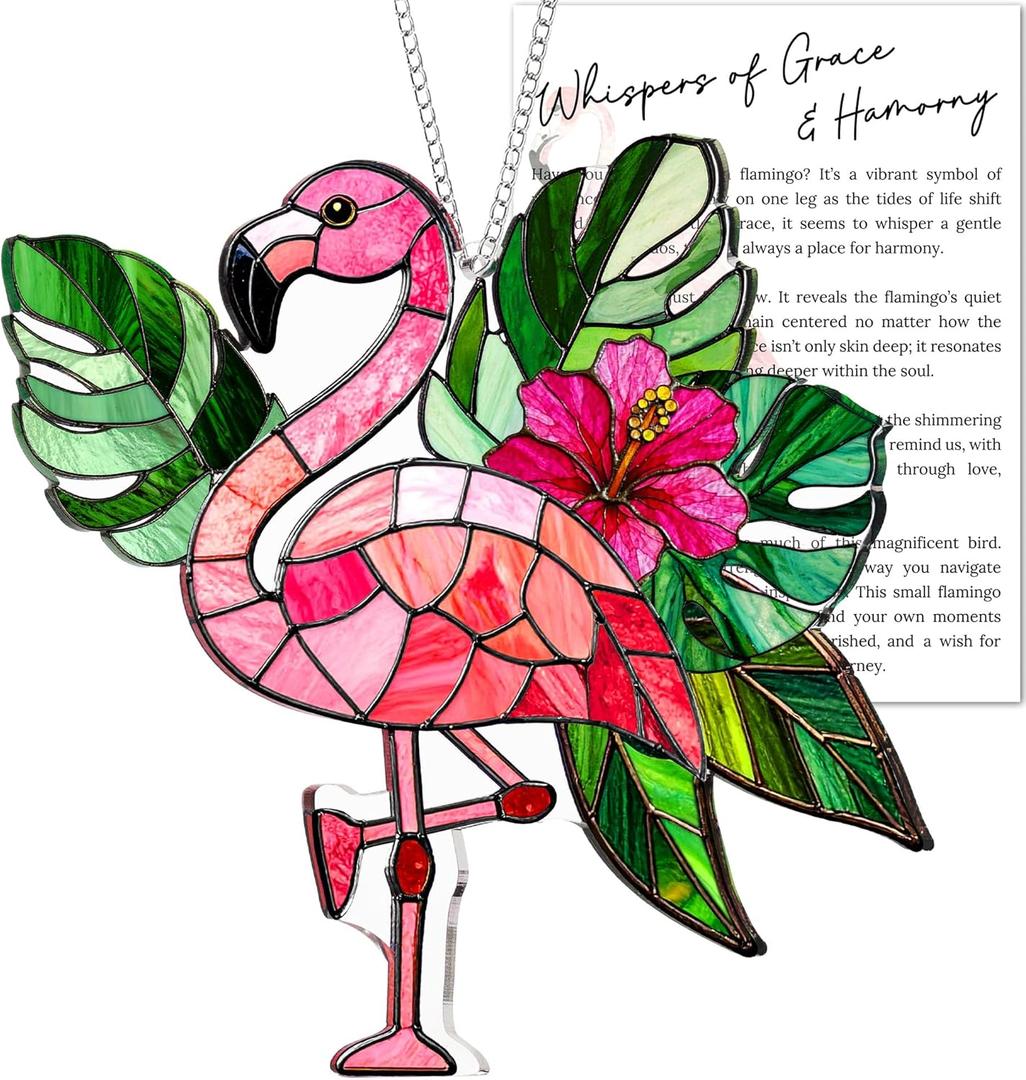 Flamingo Acrylic Suncatcher Window Hanging Ornament with Story Card, Flamingo Gifts for Women, Pink Christmas Tree Decorations, Tropical Palm Flamingos Hanging Decorations, Summer Christmas Ornament