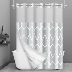 No Hook Grey Shower Curtain with Snap in Fabric Liner Set - Hotel Style with See Through Mesh Top Window, Modern Geometric Waterdrop Design,Waterproof and Washable, 71x74 INCH