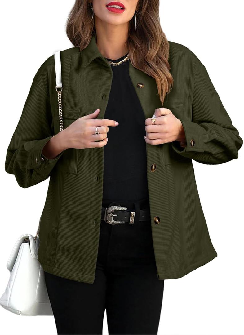 EVALESS Womens Corduroy Jackets Fashion Long Sleeve Button Down Shacket Shirt Jacket with Pockets Fall Outfits 2024 (Small, Moss Green)