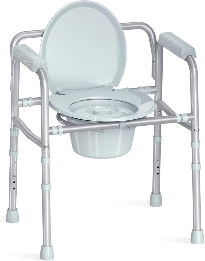 3-in-1 Bedside Commode with Sturdy Dual-Crossbar Support Construction, Stable Commode Toilet with 7.5Qt Bucket, 350 Lbs Bedside Commodes for Seniors, Silver