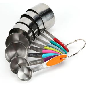 Stainless steel measuring cup set, consisting of 8 cups, suitable for cooking and baking.