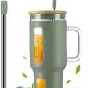 Kodrine 40 oz Glass Tumbler with Handle, Iced Coffee Tumbler with Straw and Bamboo Lid, Glass Drinking Cup with Silicone Sleeve Time Marker, Water Bottle Dishwasher Safe, Cup Holder Friendly, Olive