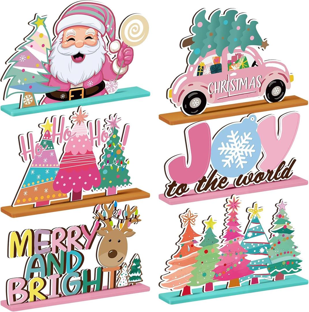 6 Pcs Pink Christmas Table Decorations Wooden Table Centerpieces Christmas Tree Santa Claus Hohoho Joy to The World Reindeer Xmas Tabletop Signs for Xmas Holiday Party Room Home Desk Supplies