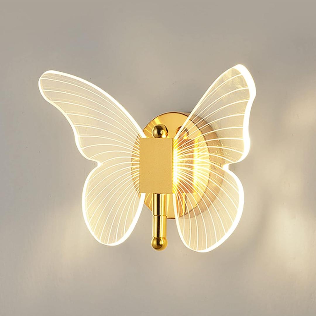 Chrasy 10W LED Wall Light Indoor, Modern LED Wall Sconce, Creative Acrylic Butterfly Wall Lamp with Golden Color Base for Bedroom Living Room Office Restaurant Hallway, 3 Color Temp Adjustable