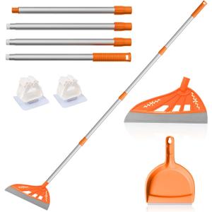 Magic Air Broom with Dustpan, Household Silicone Broom, Multifunction Squeegee and Fixed Scraper, MagicBroom with Extra-Long Adjustable Aluminum Handle for Floor, Glass, and Tile (Orange)
