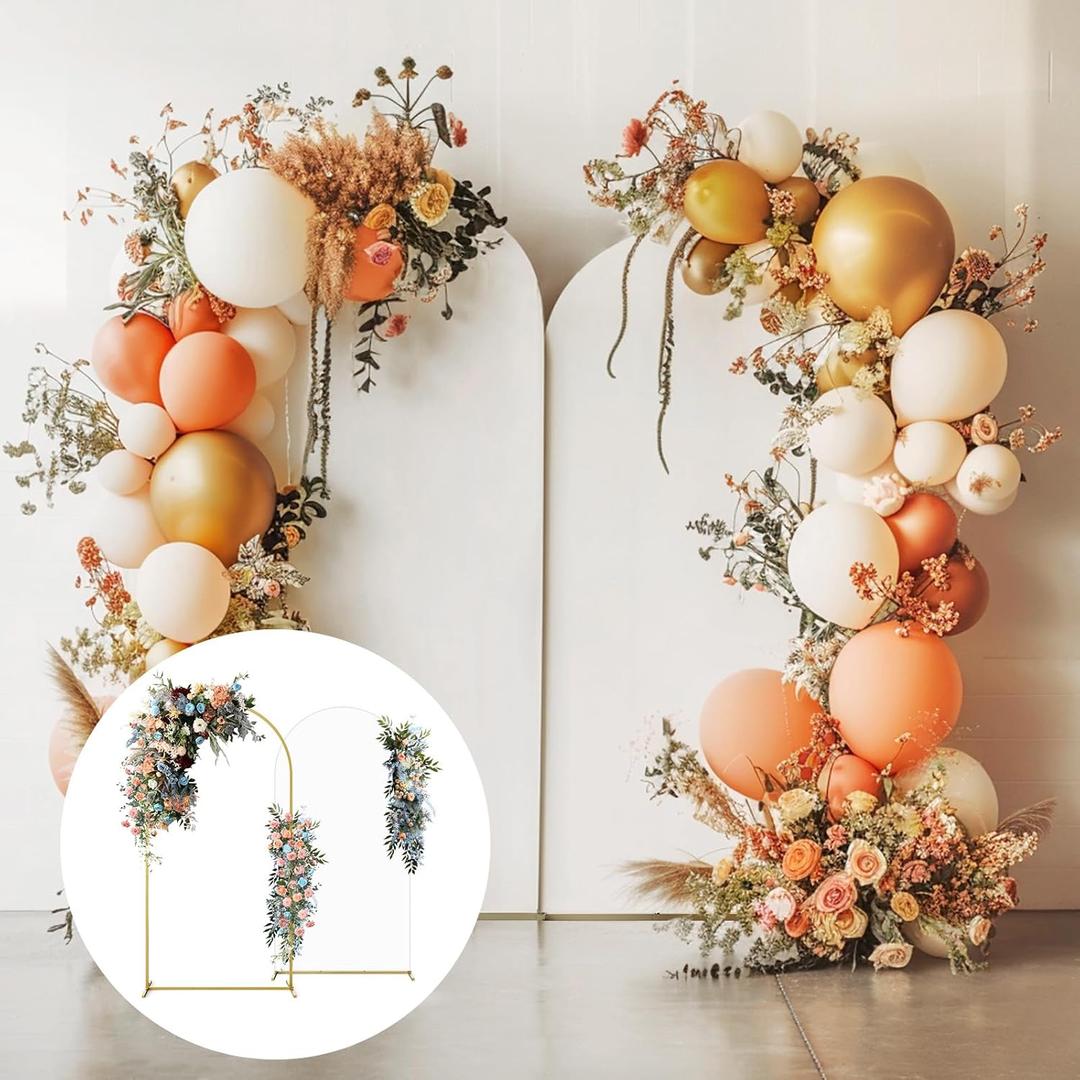 Minetom Set of 2 Metal Backdrop Stand with Wedding Arch Cover Spandex, 7.2FT/6FT Balloon Arch Stand for Birthday Party, Baby Shower, Graduation Ceremony, Garden Decoration, White (Double Arch, Gold & White)