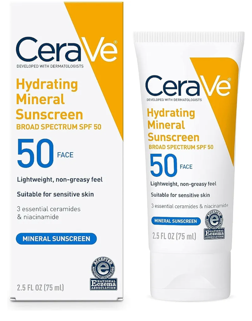 CeraVe 100% Mineral Sunscreen SPF 50, Face sunscreen With Zinc Oxide & Titanium Dioxide, Hyaluronic Acid + Niacinamide + Ceramides, Oil Free, Travel Size 2.5 oz