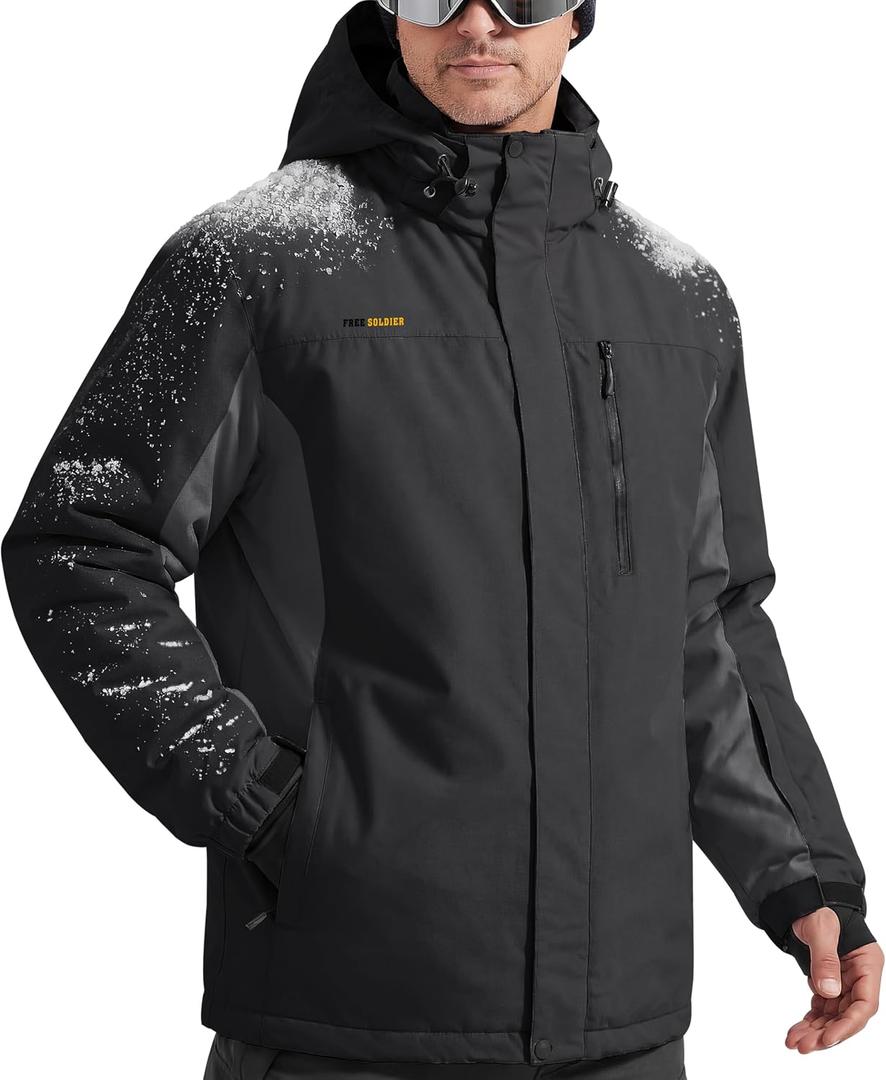 FREE SOLDIER Men's Waterproof Ski Snow Jacket Fleece Lined Warm Winter Rain Jacket with Hood Fully Taped Seams, Large
