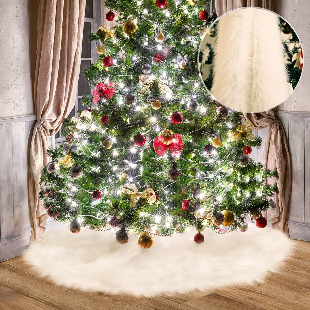 Tatuo 32 Inch Christmas Tree Skirt White Fur Fluffy Faux Plush Winter Tree Skirt for Christmas Holiday Decorations