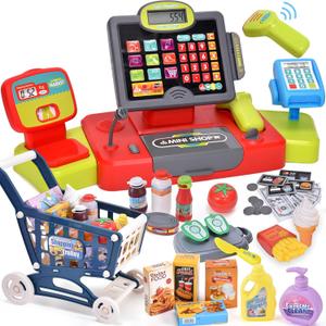 G.C Kids Cash Register Toy Pretend Play with Real Calculator Sound Scanner/Shopping Cart/Food/Play Money, Learning Counter Grocery Store Playset Toys Gift for Kid Boy Girl Age 3 4 5 6 7 8 Years Old