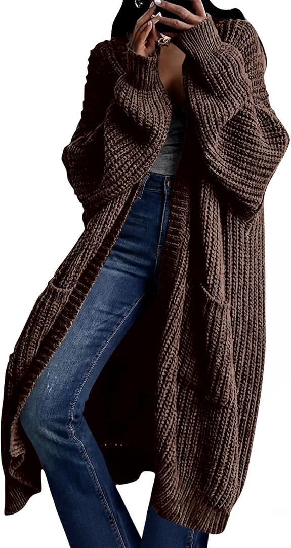 Women's Oversized Cardigans Sweater Long Coat Knit Fall Winter Cozy Outfits with Pockets (Medium, Coffee)