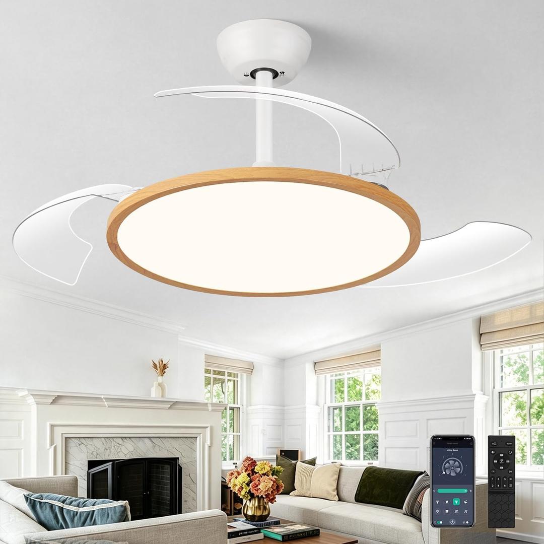 42'' Retractable Chandelier Ceiling Fan, White+Natural Wood
