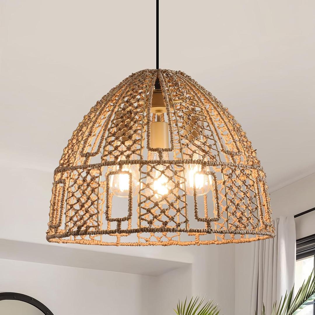 17.7" Rattan Pendant Light,Hand Woven Wicker Hanging Light