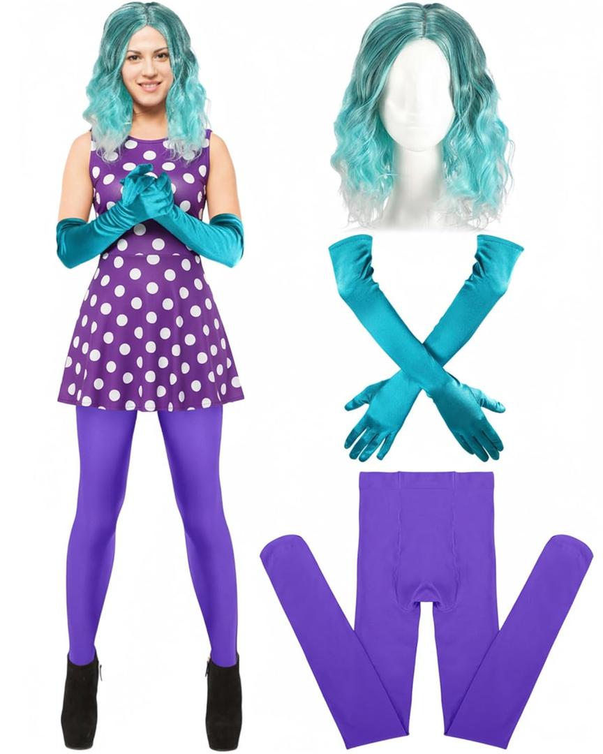 Chuangdi 3 Pcs Halloween Women Costume Accessories Blue Green Wig Gloves Stocking for Adult Cartoon Movie Cosplay Party