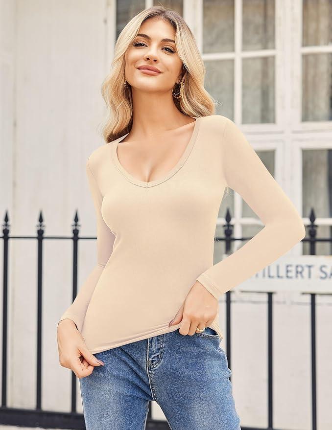 Zeagoo Women 1 Pack Long Sleeve Shirts V Neck T Shirts Casual Thermal Tops Slim Fit Basic Tight Tees Going Out Top Medium
