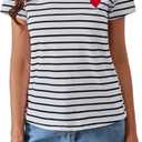 SweatyRocks Women's Heart Striped T Shirt Short Sleeve Shirt Crew Neck Casual Tee Top (White, XS)