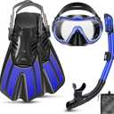 Snorkeling Gear for Adults, 4 in 1 Travel Size Mask Fins Snorkel Set with Panoramic View Anti Fog Mask, Dry Top Snorkel, Trek Fins and Travel Bag, Snorkel Gear for Swimming Diving Snorkeling (Blue)