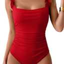 Eomenie Women's One Piece Swimsuit 2025 Tummy Control Square Neck Bathing Suit Ruffle Straps Ribbed Swimwear (Large, Red)