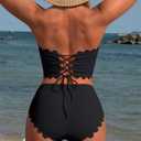 Charmo Strapless High Waisted Bikini Sets for Women Tummy Control Scallop Ribbed Bandeau Swimsuit 2026 (Black, S)