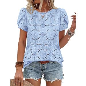 OFEEFAN Blouses for Women Dressy Casual Petal Short Sleeve Shirts Crochet Lace Boho Tops Spring Fashion Summer Outfits, M