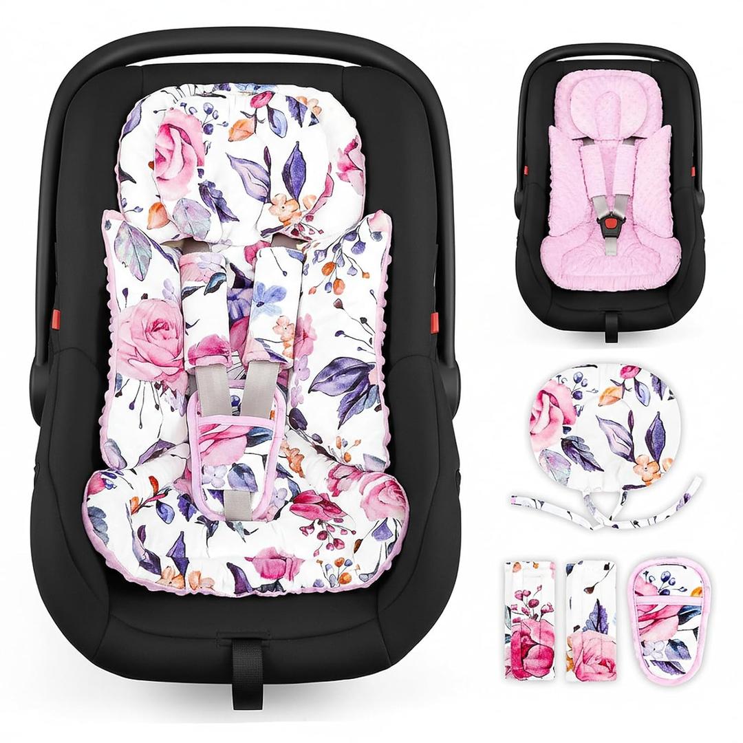 Infant Car Seat Insert with Removable Baby Head Support Pea Pod Newborn Car seat Insert Soft & Breathable Baby Car Seat Cushion, Minky Dot Backing, Universal Fit Stroller, Swing, Bouncer, Floral