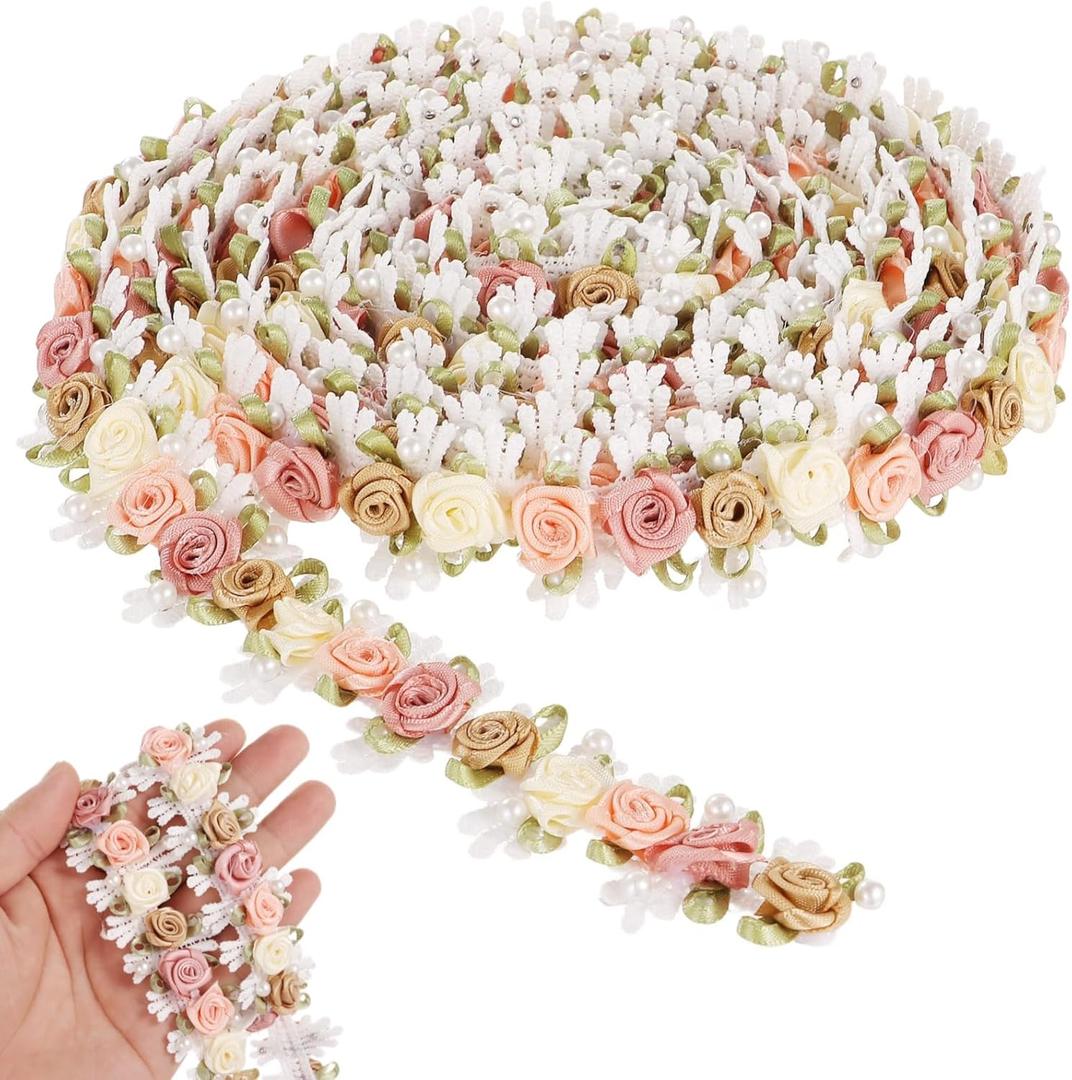 3 Yards Flower Lace Edge Trim, 3D Floral Embroidered Lace Trim, Multicolor Ribbon Rose Pearl Beads Applique, DIY Decoration Craft Supplies for Clothes, Headbands, Bags