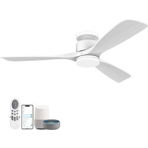 52 Inch Smart Low Profile Ceiling Fans,Solid Wood Outdoor Indoor Ceiling Fan with Lights Remote,WIFI Alexa App Control,Quiet DC Motor,Dimmable LED,Modern Flush Mount Fan for Bedroom Patio,White