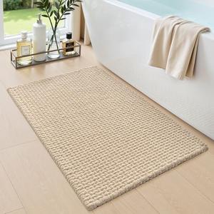 DEXI Bathroom Rugs 16x24, Non Slip Washable Bath Mat, Absorbent Chenille Bathmat, Ultra Soft Thick Carpet for Tub Shower Floor, Beige