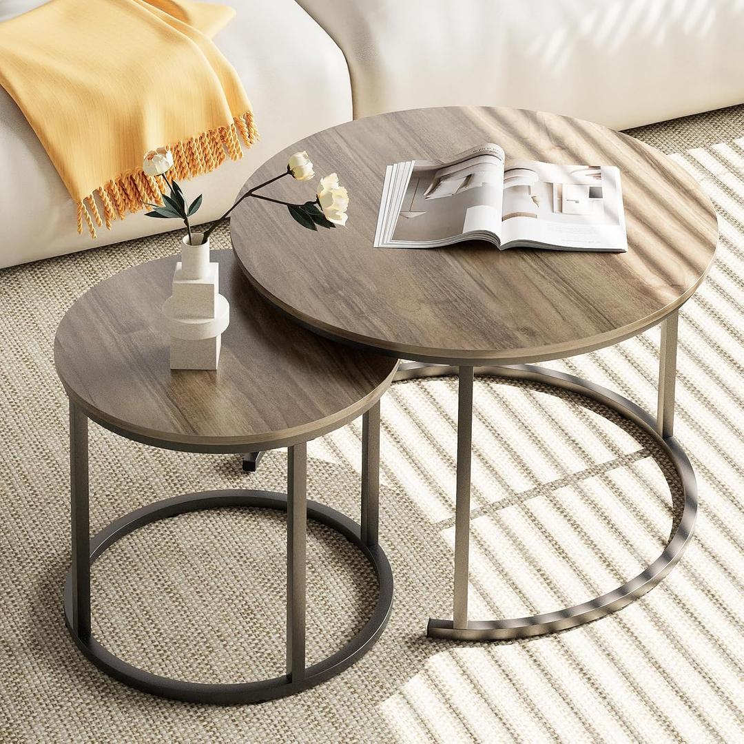 aboxoo Coffee Table Nesting Side Round Table Set of 2 End Table with Sturdy Metal Frame for Living Room Bedroom Apartment Modern Industrial Simple Nightstand,Oak, Large: 23.6" x 17.7", Small: 15.7" x 15.7"