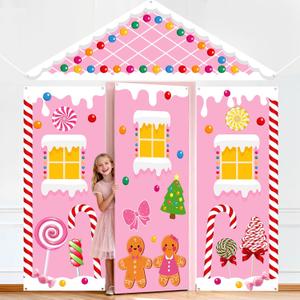 4Pcs Christmas Gingerbread Door Cover Decorations Pink Gingerbread House Candy Cane Front Door Banner Cute Ginger Bread Man Backdrop Porch Sign for Classroom Office Home Winter Xmas Holiday Decor
