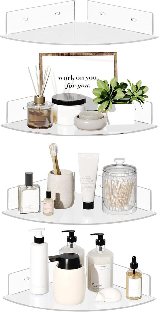 upsimples 4 Pack Acrylic Corner Floating Shelves, 10 in Clear Hanging Shelves with Cable Management Design, Wall Mounted Corner Storage Organizer for Bathroom, Bedroom, Living Room, Kitchen