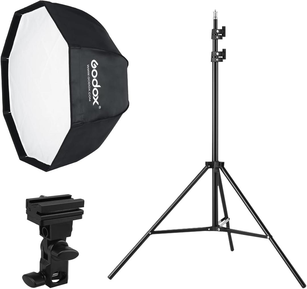 Godox Photo Studio 80cm 31.5in Portable Octagon Umbrella Softbox,190cm Light Stand with Hot Shoe Holder Bracket kit for Flash Speelidte