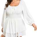 SCOMCHIC Women Plus Size Romper Dress Short Jumpsuit Square Neck Long Sleeve Fall High Waist Ruffle Mini Boho Jumpsuits (XX-Large, White)