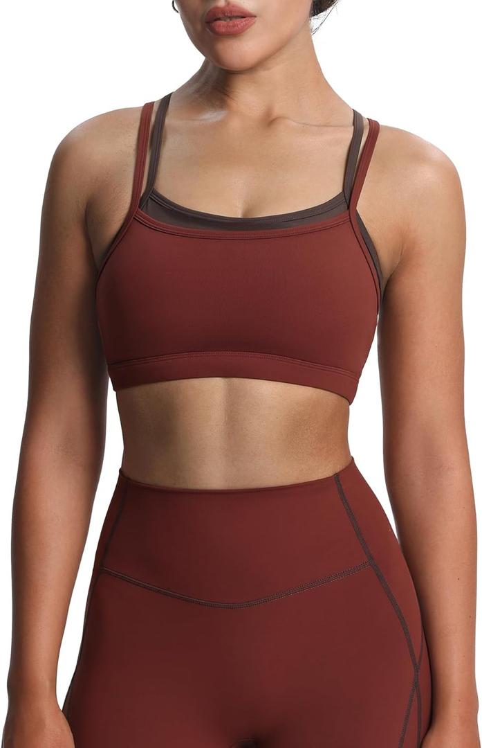 Aoxjox Women's Workout Sports Bras Takes Two Bra Training Fitness Running Yoga Crop Tank Top (Rum Raisin/ Mulch, Small)