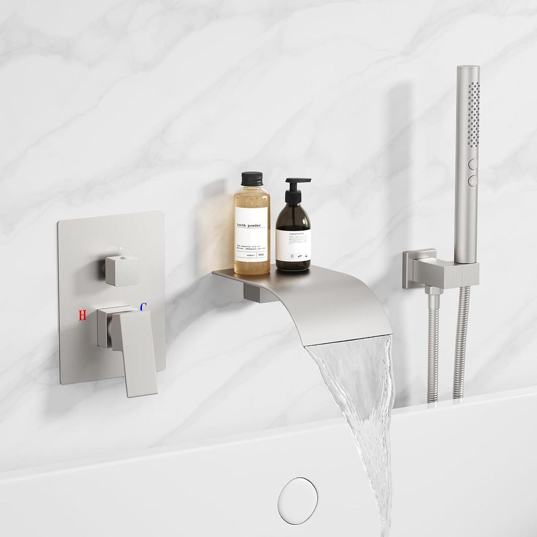 RUMOSE Wall Mount Bathtub Faucet Waterfall Tub Faucet with 2 in 1 Handheld Sprayer Brushed Nickel Modern Bathroom Tub Filler Solid Brass Single Handle Shower Set with High Flow Rough in Valve