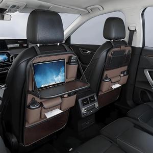 2 Pack Universal Foldable Car Backseat Organizer with Table Tray, Car Seat Back Protector with Touch Screen Phone Holder, Premium Leather Kick Mats with Storage Pockets Tissue Holder (Brown)