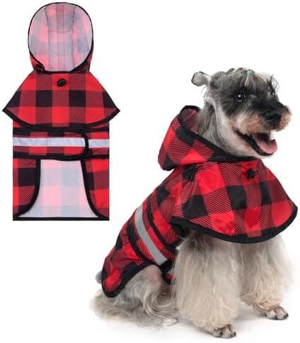 KOOLTAIL Dog Raincoat Hooded Slicker Poncho with Leash Hole, Christmas Red Plaid Raincoat for Small Medium Dogs, Waterproof Dog Rain Jacket with Reflective Strip, Adjustable Breathable Puppy Rainwear, M
