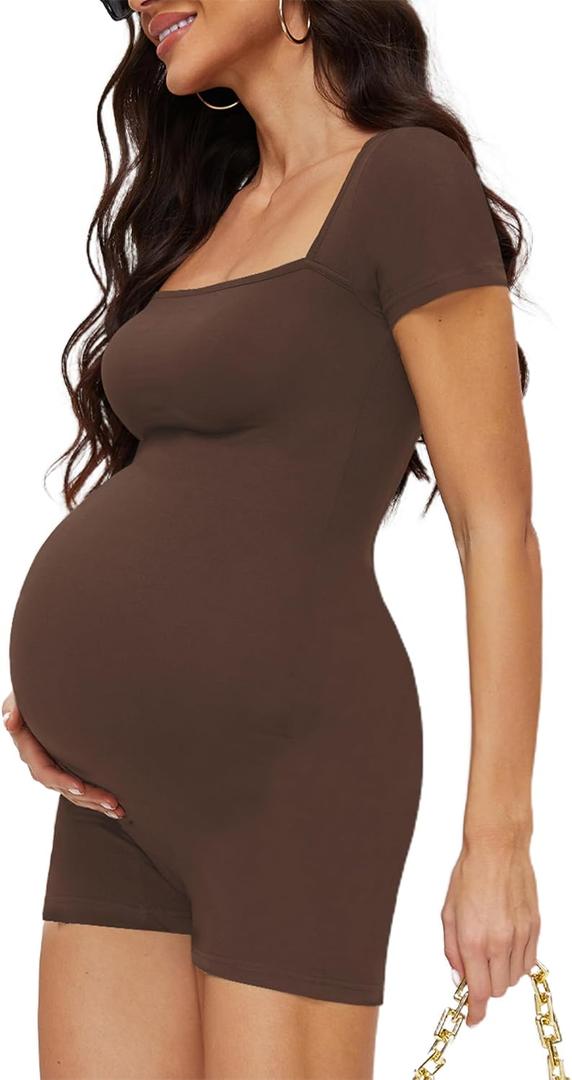 Maternity Romper with Square Neck and Short Sleeve Bodysuit, Photoshoot Casual Workout Maternity-Clothes, XL