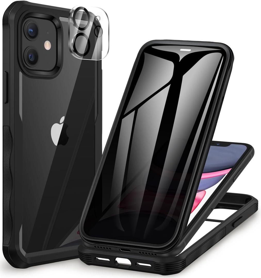 CENHUFO Privacy for iPhone 11 Case, Full Body Phone Case with Built-in 9H Tempered Glass Privacy Screen Protector and Camera Lens Protector, Anti Peep Spy Shockproof Bumper Clear Cover - Black